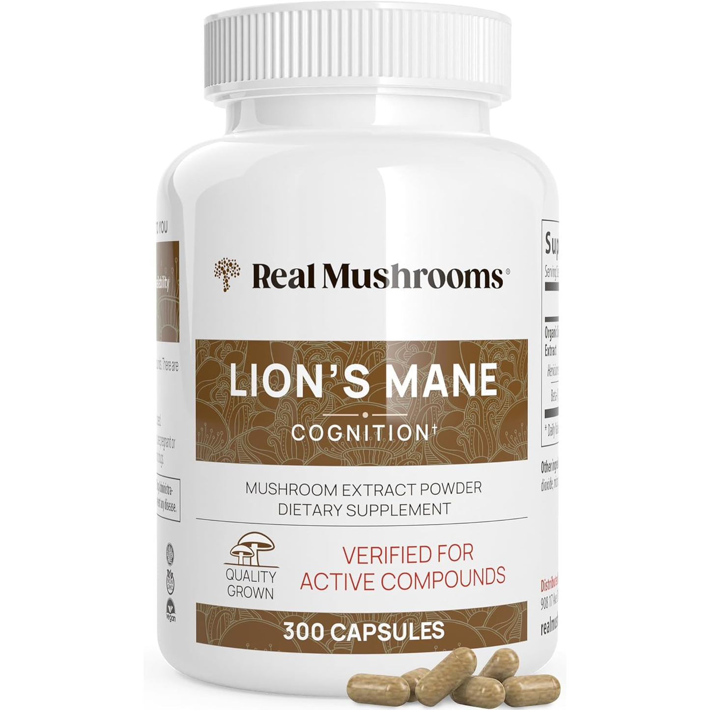 Real Mushrooms Lion’S Mane Capsules - Organic Lions Mane Mushroom Extract for Cognitive Function & Immune Support - Brain Mushroom Supplements for Memory and Focus - Vegan, 300 Caps
