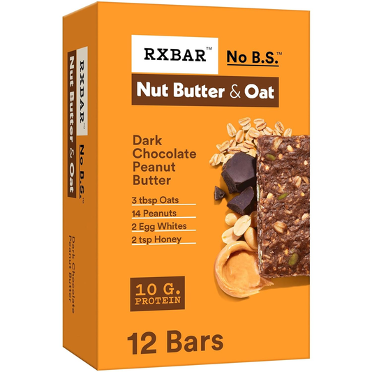 RXBAR Nut Butter and Oat Protein Bars, Protein Snacks, Snack Bars, Dark Chocolate Peanut Butter, 23.2Oz Box (12 Bars)