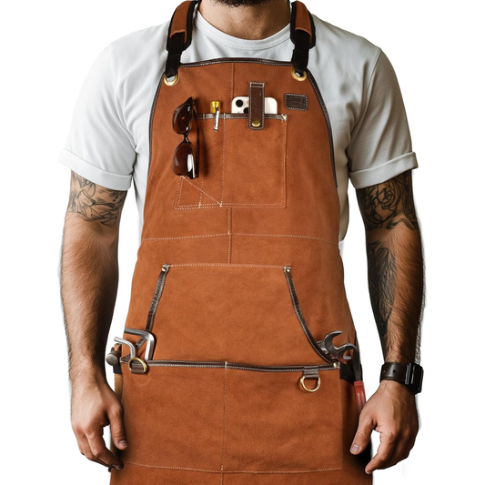 Leather Village Suede Leather Work Apron – Tan, Adjustable Size M to XXL