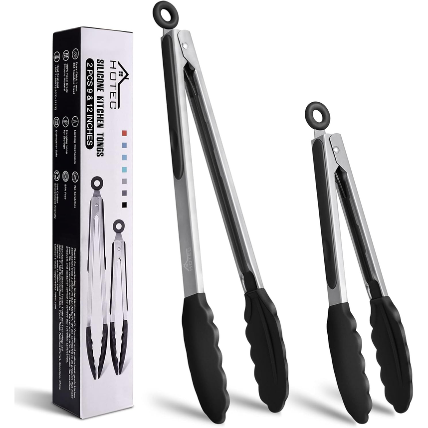 HOTEC Stainless Steel Kitchen Tongs with Silicone Tips – Set of 2