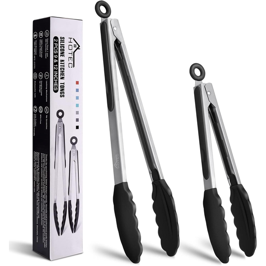 HOTEC Stainless Steel Kitchen Tongs with Silicone Tips – Set of 2