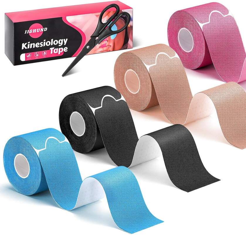 Kinesiology Tape 4-Roll Set with Scissors – Precut Elastic Waterproof Sports Tape, 2" x 16ft (Beige, Black, Blue, Pink)