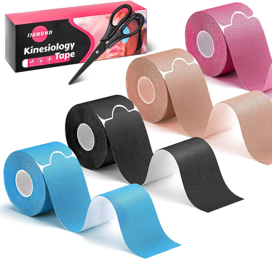 Kinesiology Tape 4-Roll Set with Scissors – Precut Elastic Waterproof Sports Tape, 2" x 16ft (Beige, Black, Blue, Pink)
