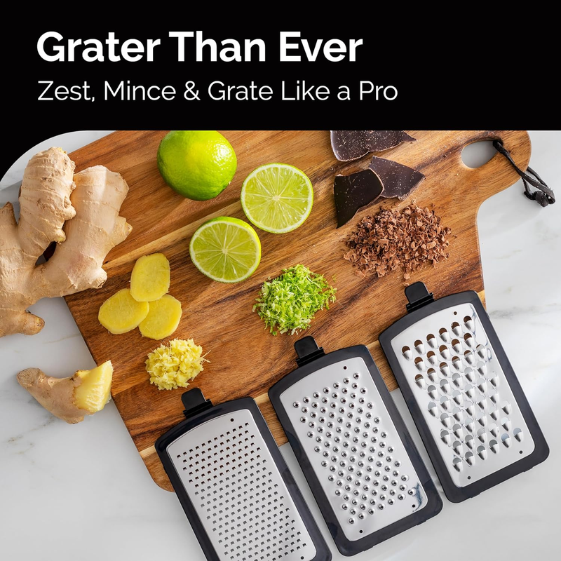 Joined Cheese Grater & Garlic Crusher Set – Box Grater with 3 Blades + Peeler