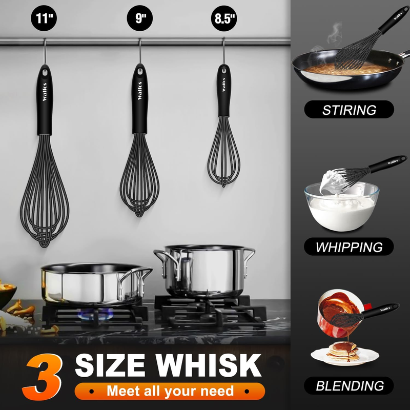 Walfos Silicone Whisk Set of 3 – Heat-Resistant Non-Scratch Balloon Whisks
