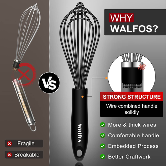 Walfos Silicone Whisk Set of 3 – Heat-Resistant Non-Scratch Balloon Whisks