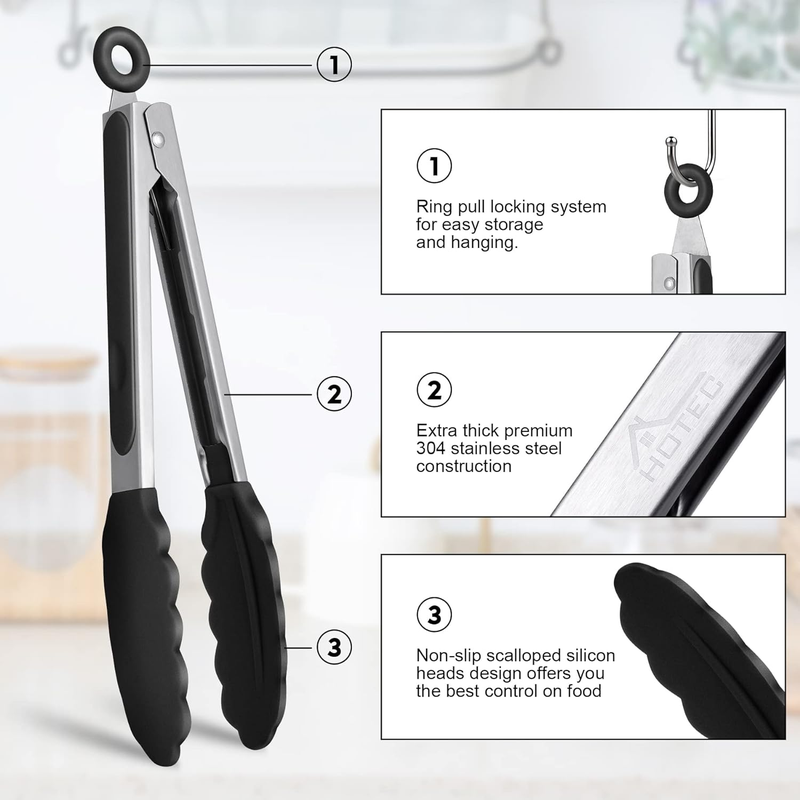 HOTEC Stainless Steel Kitchen Tongs with Silicone Tips – Set of 2