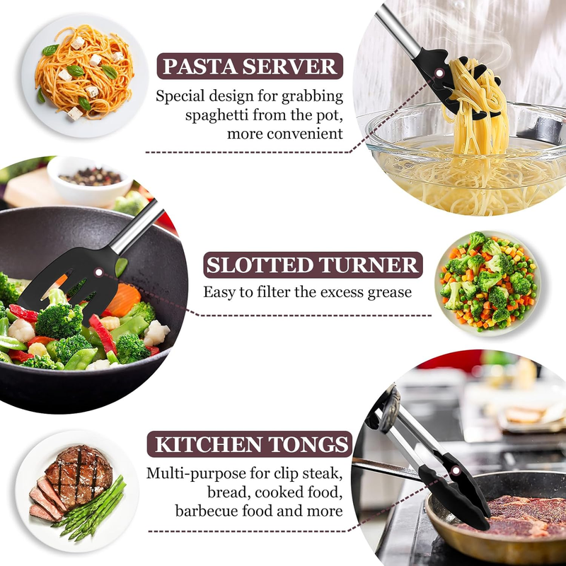 TeamFar 8-Piece Silicone Kitchen Utensil Set with Stainless Steel Handles – Black