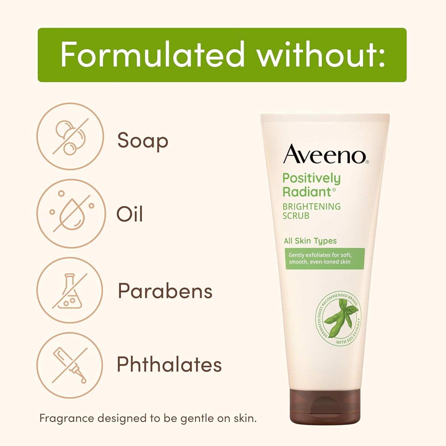 Aveeno Positively Radiant Skin Brightening Exfoliating Daily Facial Scrub, Moisture-Rich Soy Extract, Helps Improve Skin Tone & Texture, Oil-& Soap-Free, Hypoallergenic, Travel Size, 2 Oz