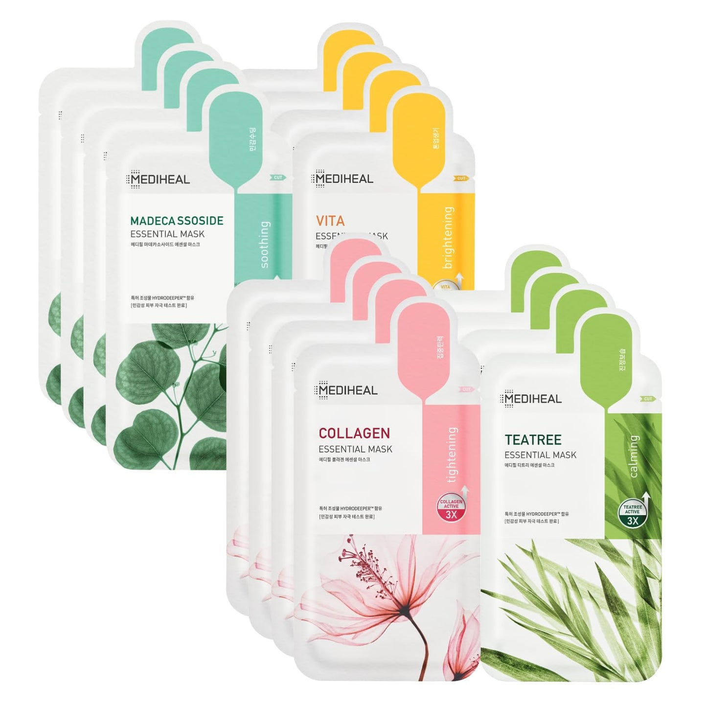 Mediheal Sheet Mask New Essential HERO 16 Pack (Collagen, Tea Tree, Madecassoside, Vita) | Korean Skincare Facial Sheet Mask Combo Kbeauty Korean Glass Skin