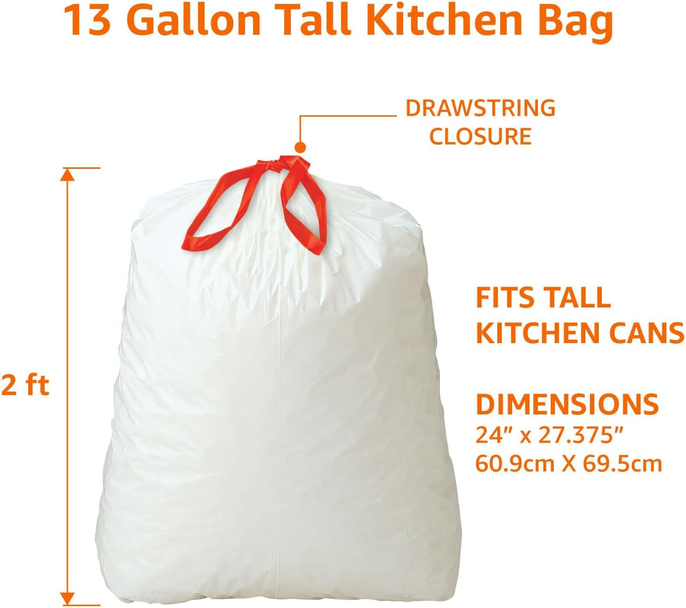 Amazon Basics Trash Bags, Tall Kitchen Drawstring, Unscented, 13 Gallon, 45 Count, Pack of 1