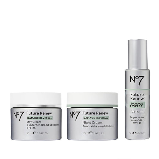 No7 Future Renew Damage Reversal Skincare Set - anti Aging Face Serum (.33 Fl Oz), Day Cream with SPF 25 (1.69 Fl Oz) & Night Cream (1.69 Fl Oz) - Reverses Visible Signs of Sun Damage - 3-Piece Set
