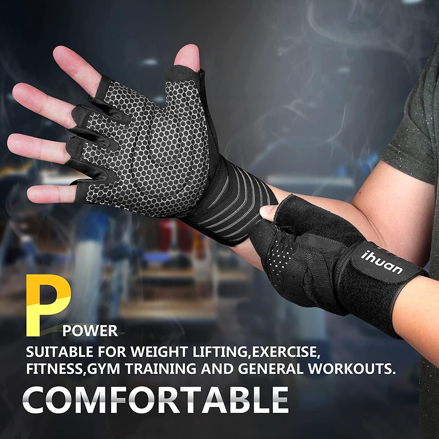 Ihuan Ventilated Weight Lifting Gym Workout Gloves with Wrist Wrap Support for Men & Women, Full Palm Protection, for Weightlifting, Training, Fitness, Hanging, Pull Ups