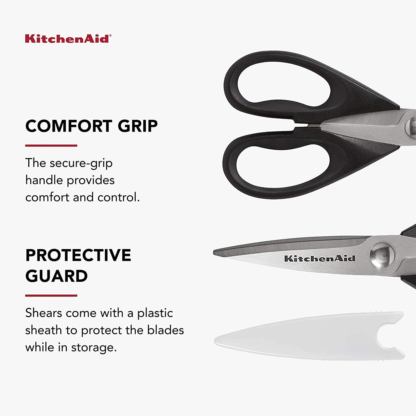 Kitchenaid All Purpose Kitchen Shears with Protective Sheath Durable Stainless Steel Scissors, Dishwasher Safe, Soft Grip Comfort Handle, 8.72 Inch, Black