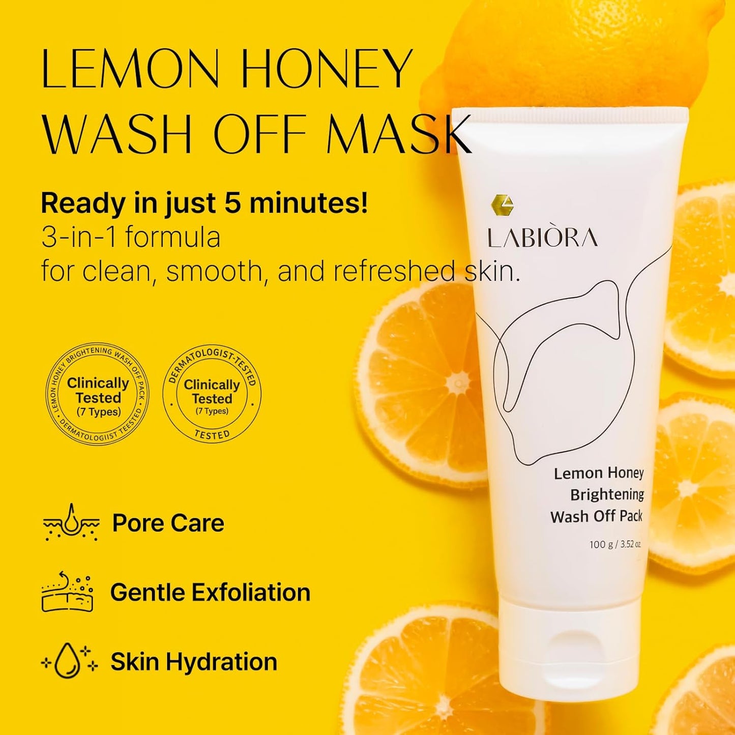 Lemon Honey Face Mask Wash-Off Pack & Scrub — 5-Minute, Exfoliating, Hydrating, Gentle for Sensitive Skin, with Manuka Honey & Lemon Extract, 3.52 Oz (100 G)