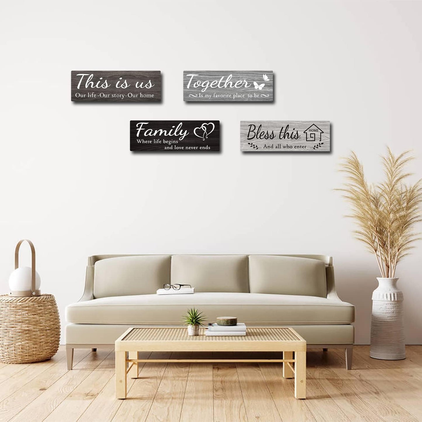 4 Pieces Home Wall Decor Signs, This Is Us/ Together/ Bless This/ Family Rustic Wooden Wall Art with Quotes for Living Room Bedroom Kitchen Farmhouse Decor,Housewarming Gifts (Grey Black White, 15 X 5.1 Inch)