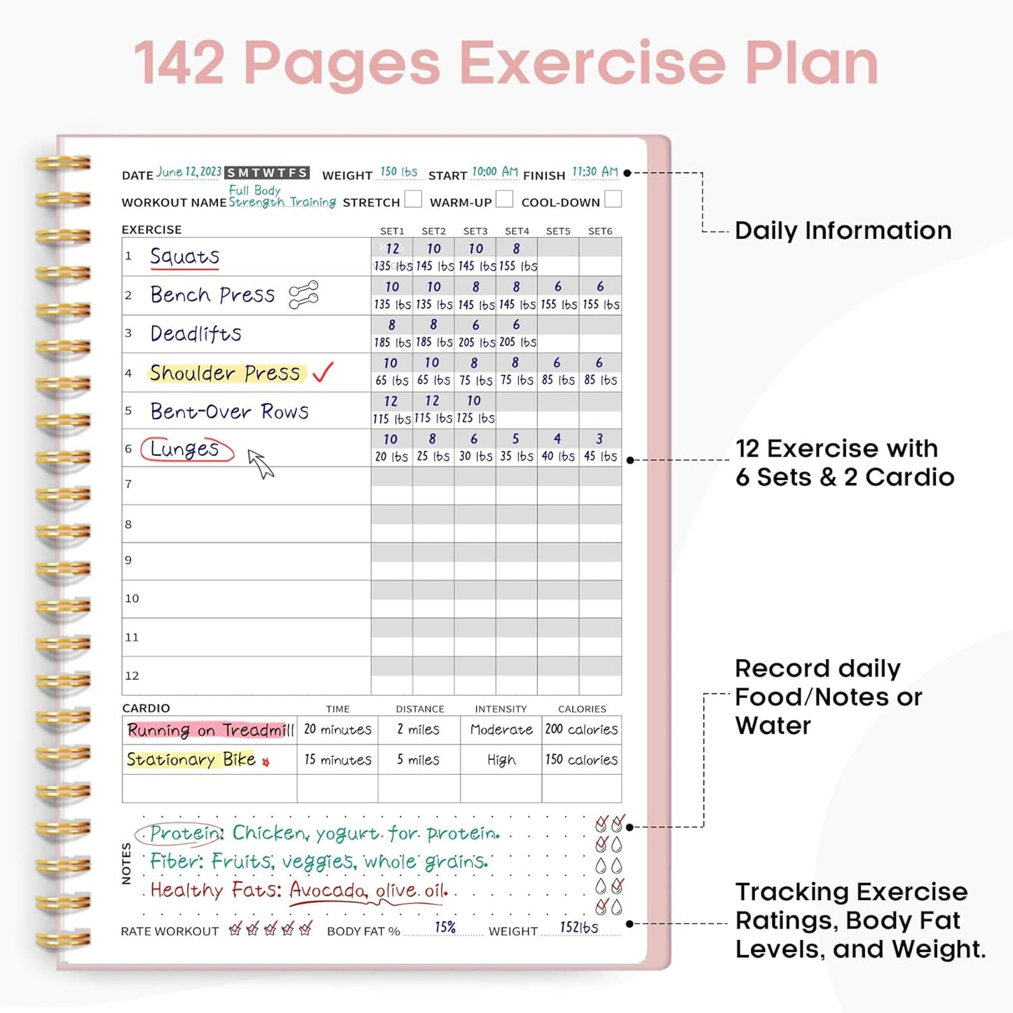 Fitness Workout Journal for Women & Men, A5(5.5" X 8.2") Workout Log Book Planner for Tracking, Progress, and Achieving Your Wellness Goals-Pink