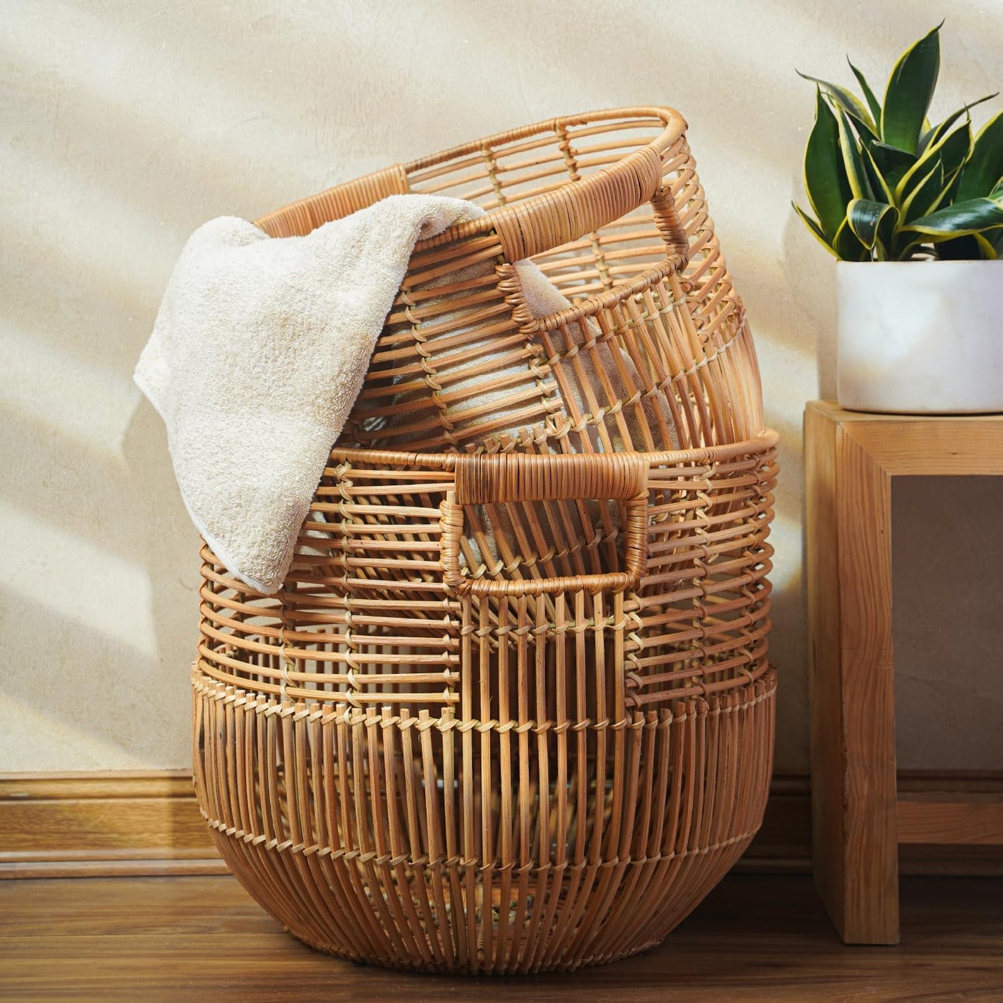 Set of 2 Large Woven Blanket Baskets with Handles