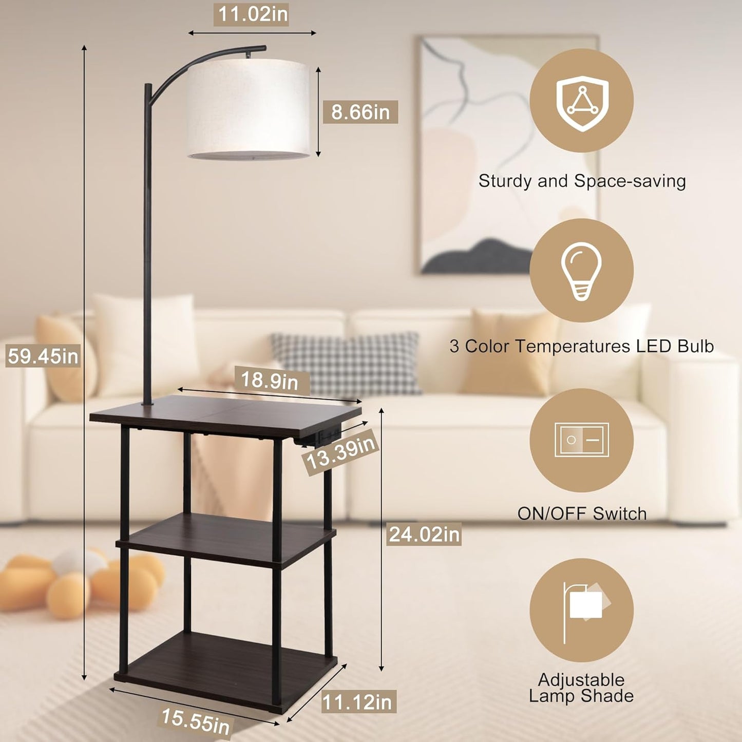 PESRAE Floor Lamp with Table, End Tables with Charging Station