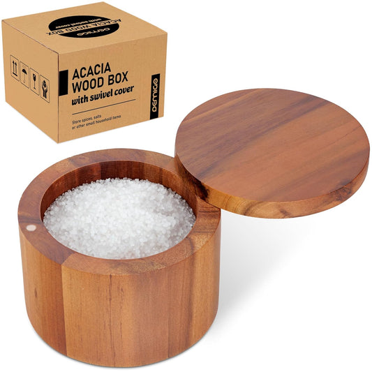Demigo Acacia Wood Salt Box with Swivel Lid – 9oz Spice Keeper