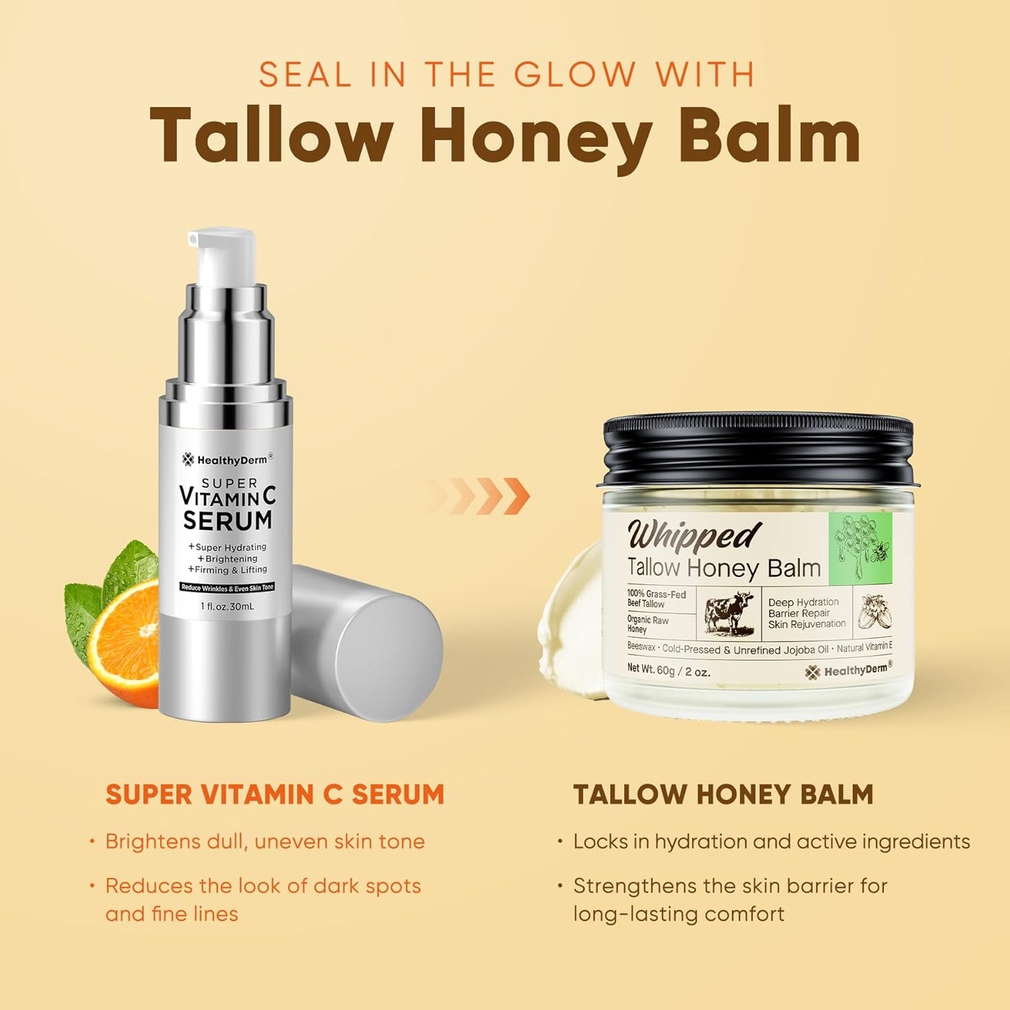Beef Tallow Honey Balm for Skin: 100% Grass Fed Whipped Organic Moisturizer with Organic Raw Honey, Jojoba Oil, Vitamin E – Natural Face and Body Care for Mature, Dry or Sensitive Skin, 2Oz
