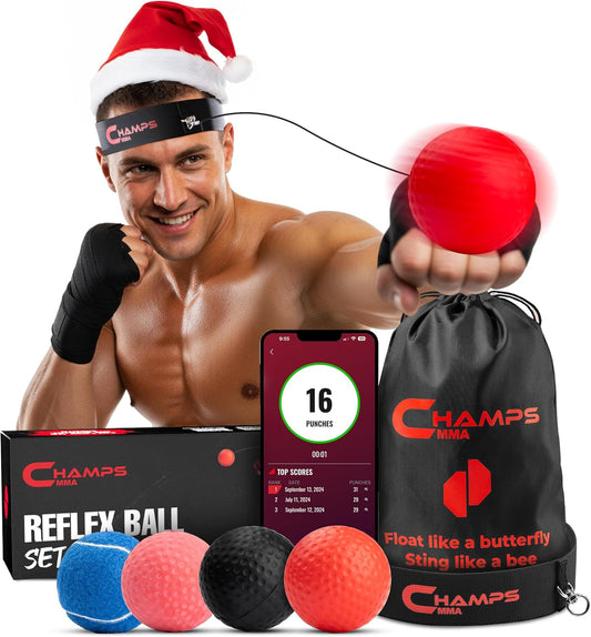 Champs MMA Boxing Reflex Ball Set with Punch Counter App | 4 Balls with Varying Weights, Headband & 4 Spare Strings to Improve Speed, Hand Eye Coordination Training | Boxing Equipment, MMA Gear Gift