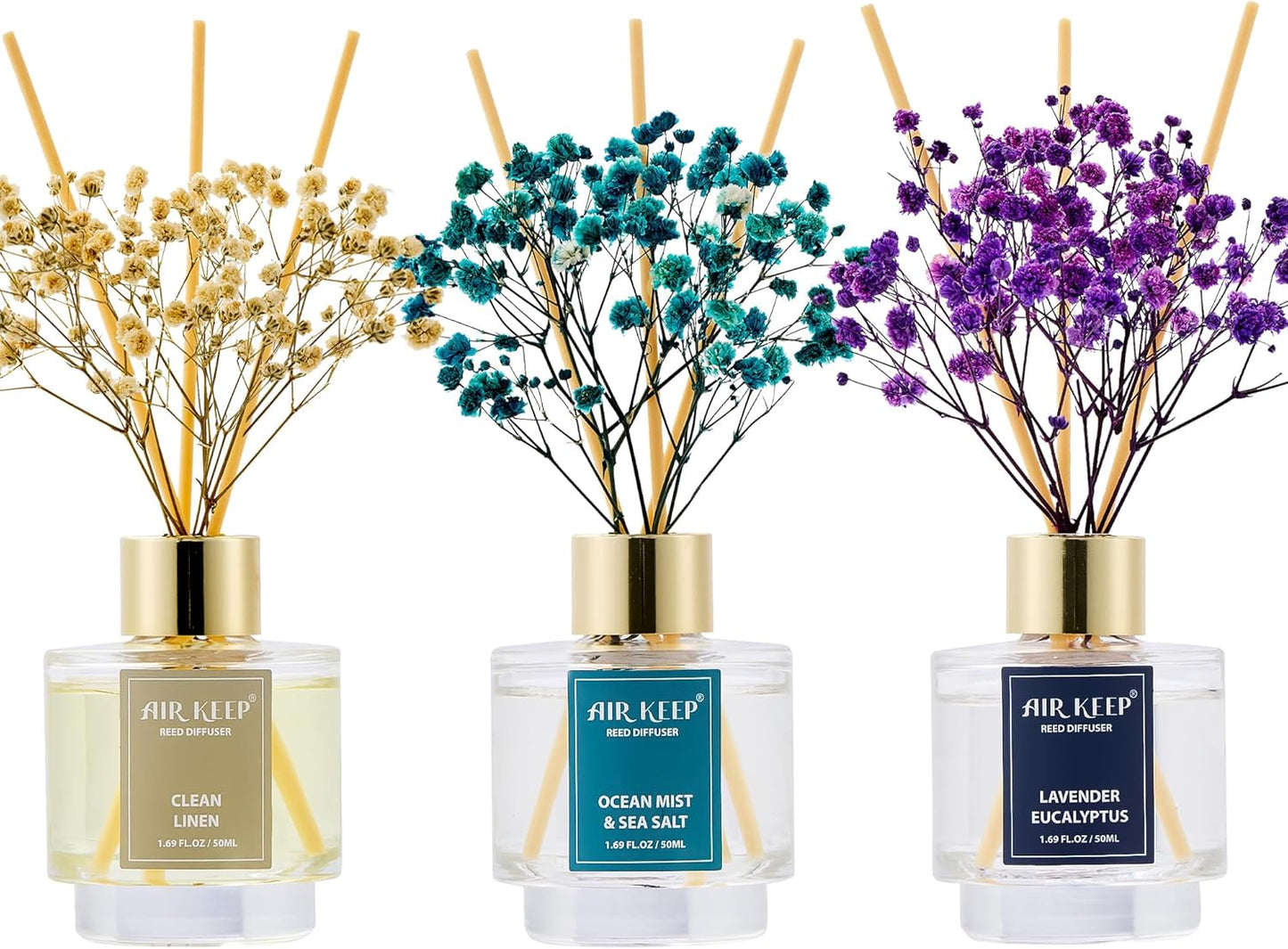 Airkeep Reed Diffuser Set of 3,Clean Linen Ocean Mist&Sea Salt