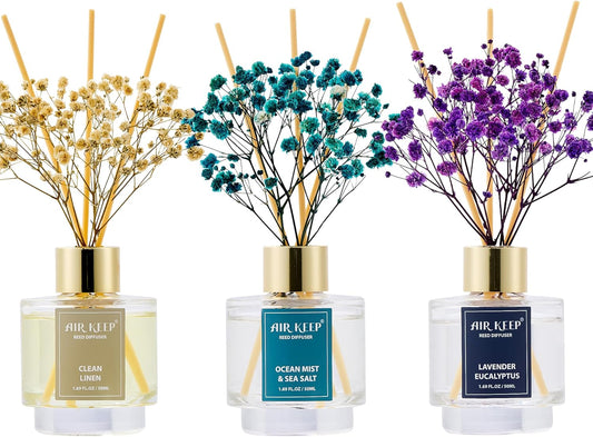 Airkeep Reed Diffuser Set of 3,Clean Linen Ocean Mist&Sea Salt