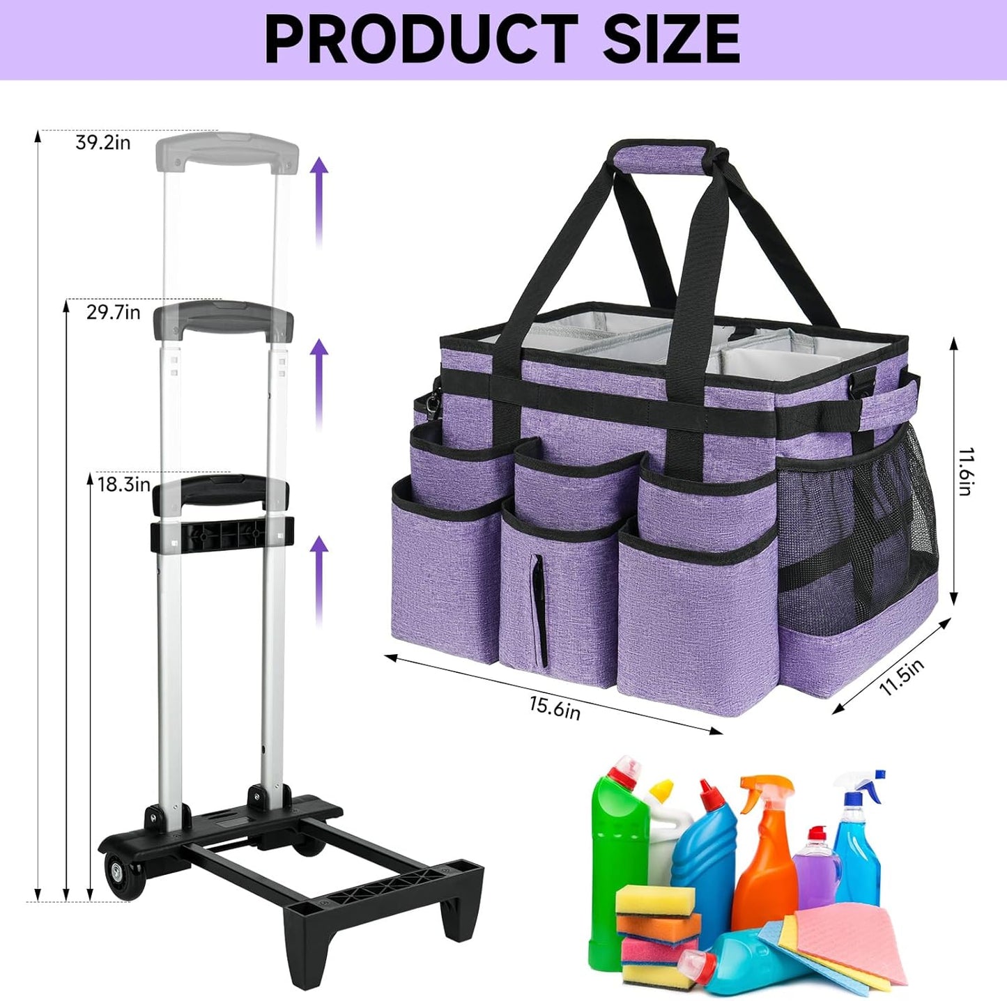 Large Rolling Cleaning Caddy Bag with Detachable Trolley