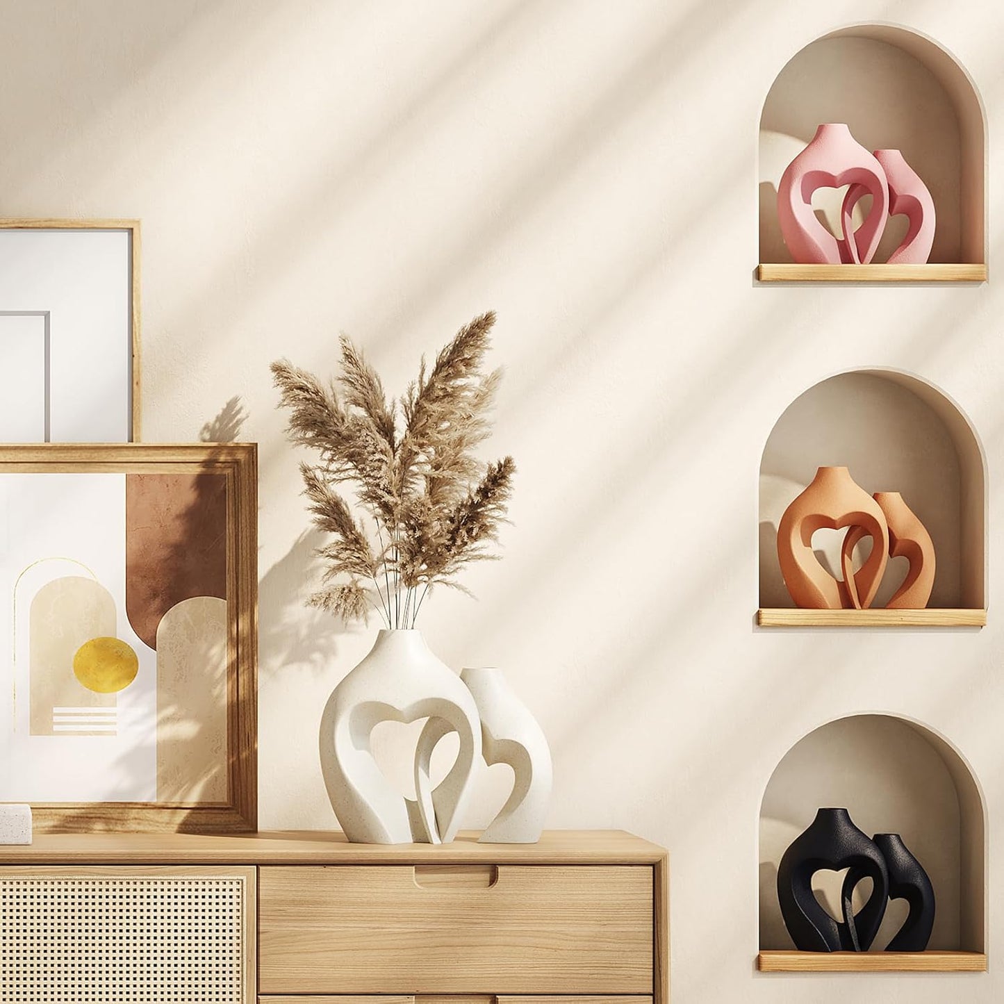 White Vases for Decor, Heart Shaped Ceramic Vase Set of 2