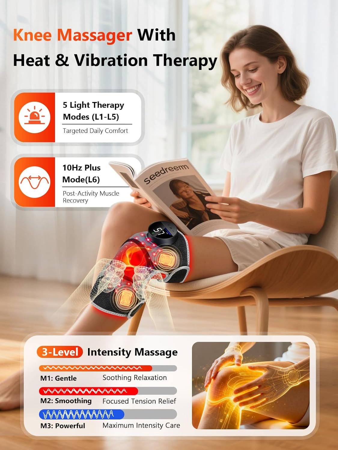 Upgrade 4 Massage Area Knee Brace & Red Light Therapy for Knee, Cord-Free Rechargeable Controller, 20Min Auto Shut-Off, 660Nm & 850Nm Red Light Therapy Device for Knee/Elbow/Shoulder.