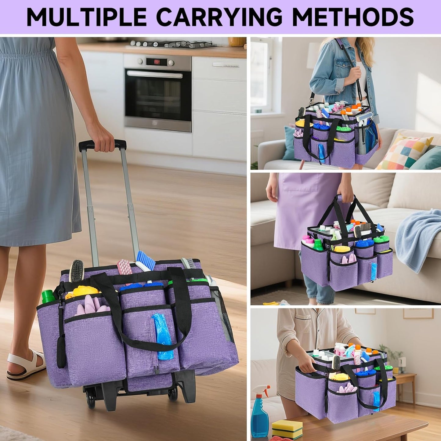 Large Rolling Cleaning Caddy Bag with Detachable Trolley