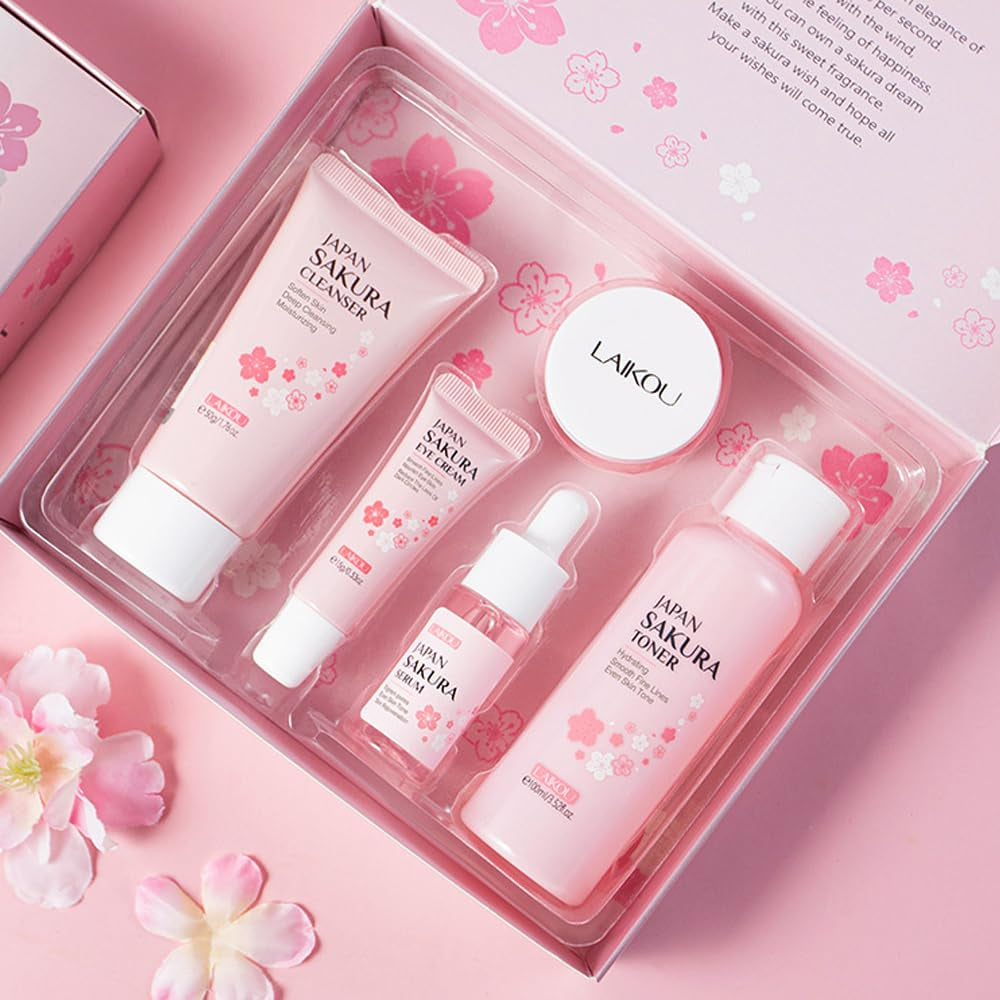 Sakura Skincare Kit for Teenage Girls Women, 5Pcs Skin Care Travel Present Set with Cleanser, Toner, Serum, Eye Cream, Face Cream