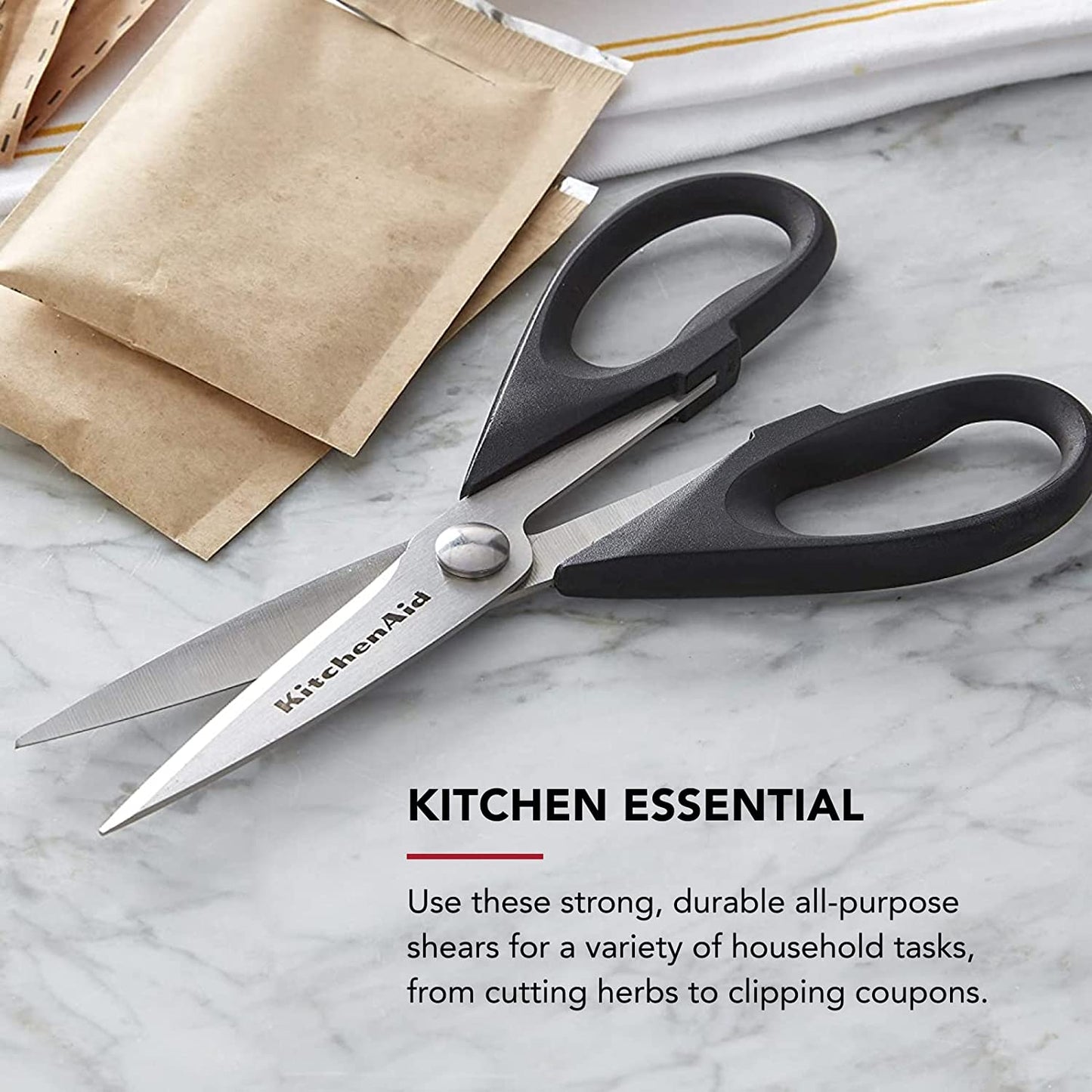 Kitchenaid All Purpose Kitchen Shears with Protective Sheath Durable Stainless Steel Scissors, Dishwasher Safe, Soft Grip Comfort Handle, 8.72 Inch, Black
