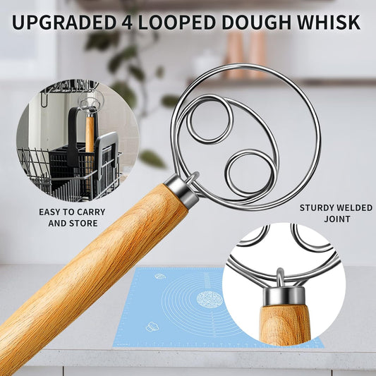 TEEVEA Danish Dough Whisk with Wooden Handle – 2-Eye Stainless Steel Mixer