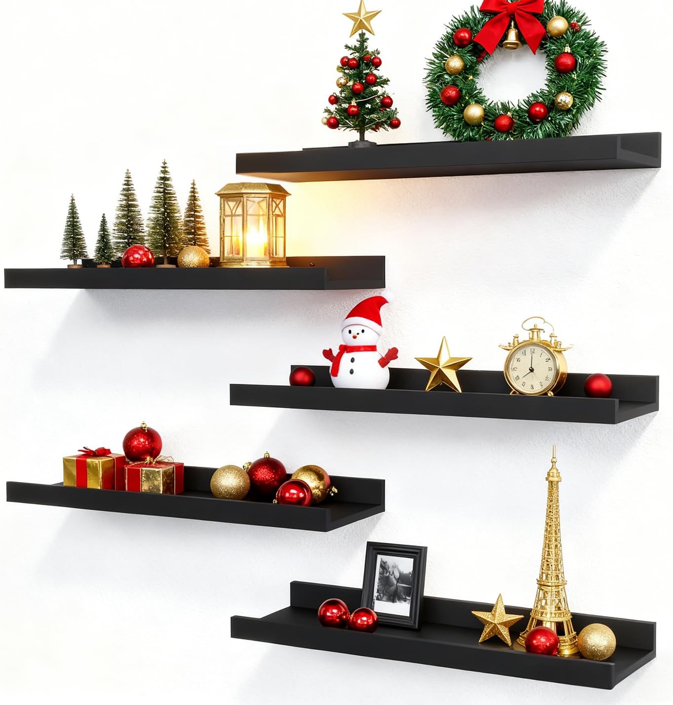 RICHER HOUSE 5 Set Floating Wall Mounted Shelves, Black Shelves for Wall Decor, Modern Picture Ledge Shelf with Lip for Storage, Nursery, Bedroom, Living Room, Bathroom - Black