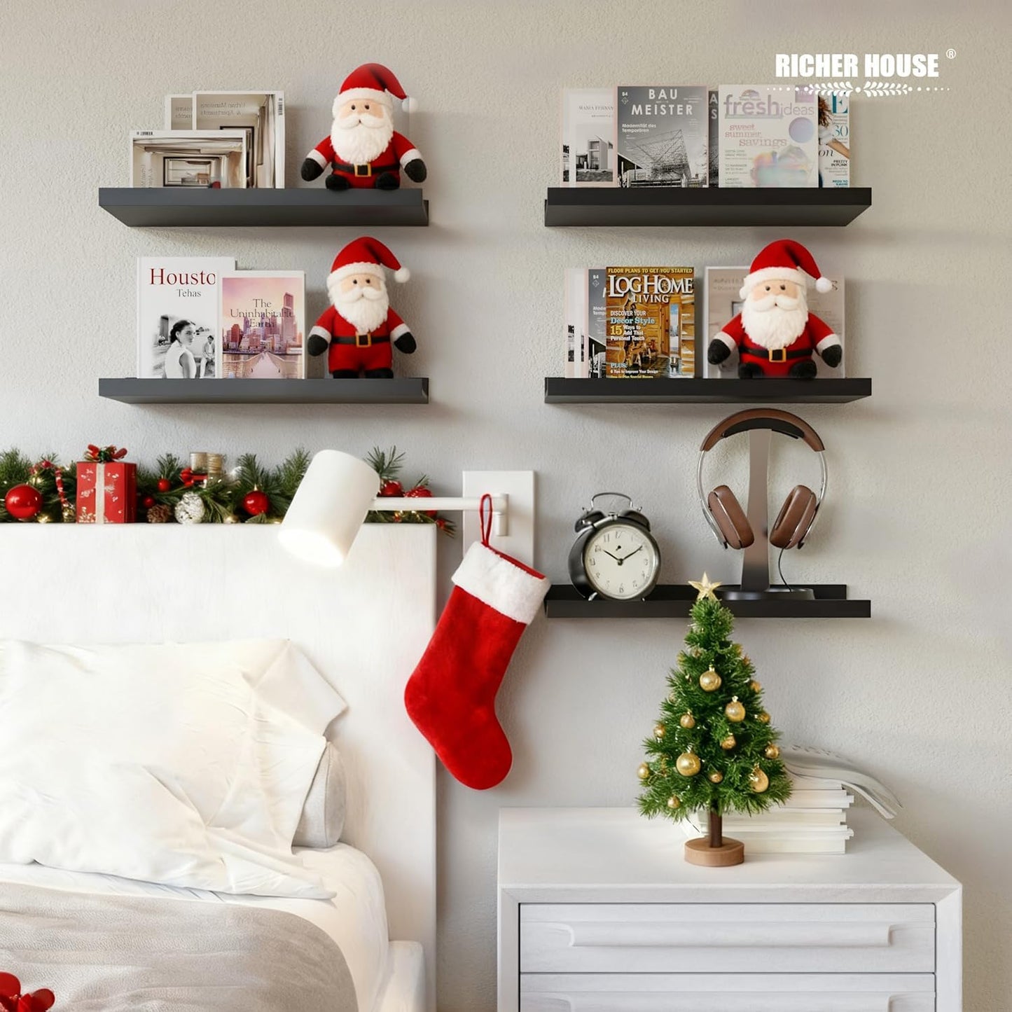 RICHER HOUSE 5 Set Floating Wall Mounted Shelves, Black Shelves for Wall Decor, Modern Picture Ledge Shelf with Lip for Storage, Nursery, Bedroom, Living Room, Bathroom - Black