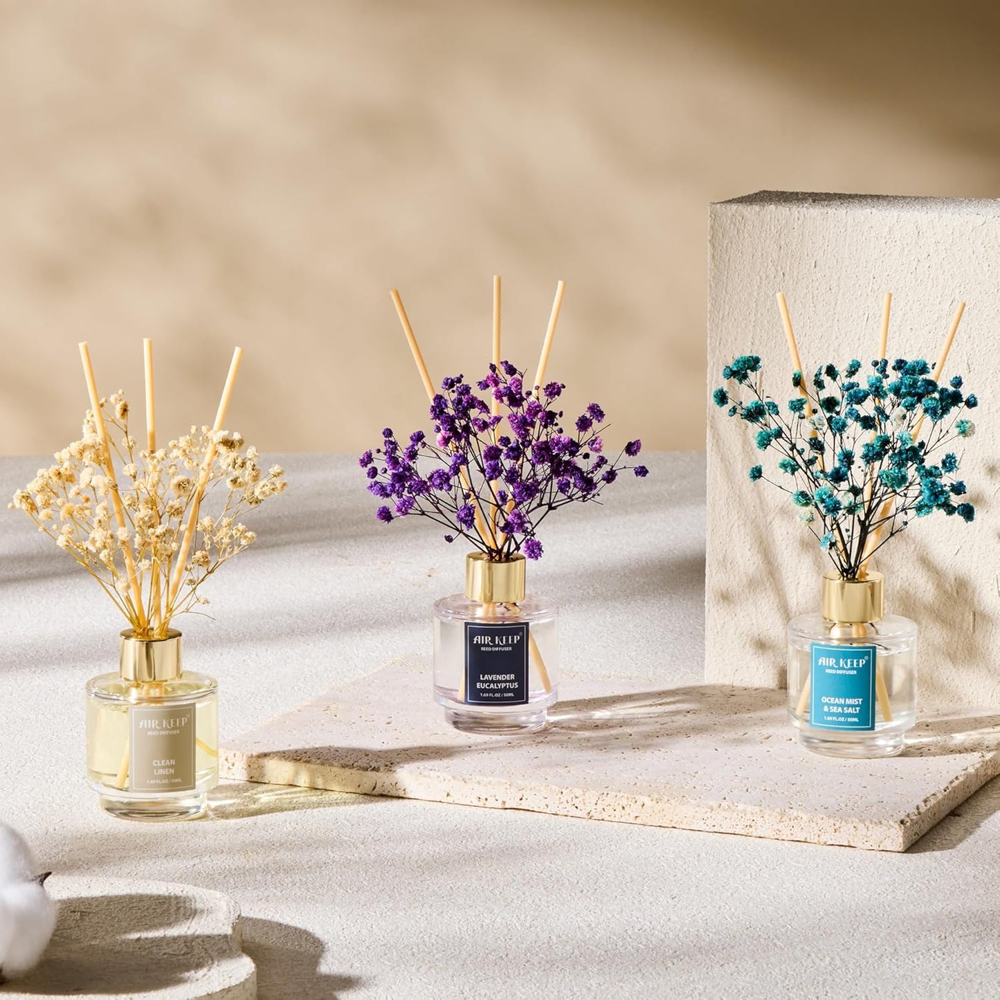Airkeep Reed Diffuser Set of 3,Clean Linen Ocean Mist&Sea Salt