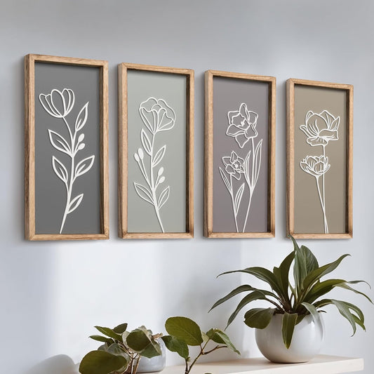 3D Wooden Floral Bathroom Wall Decor (Set of 4) Lightweight