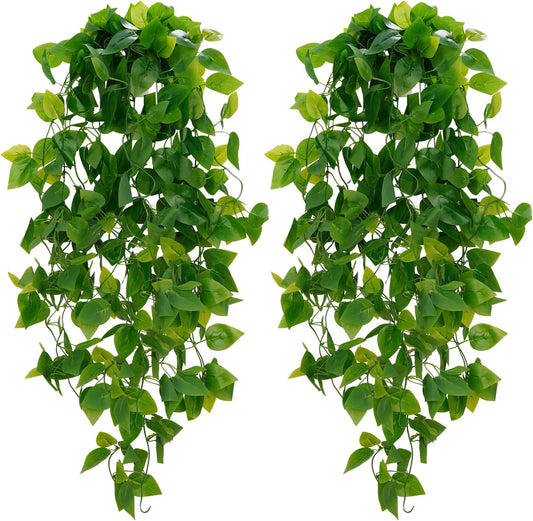 BLEUM CADE Fake Hanging Plants, 2Pcs Artificial Hanging Plant, Faux Pothos Vines Hanging Plant Greenery for Wall Home Living Room Indoor Outdoor Decor (No Baskets)