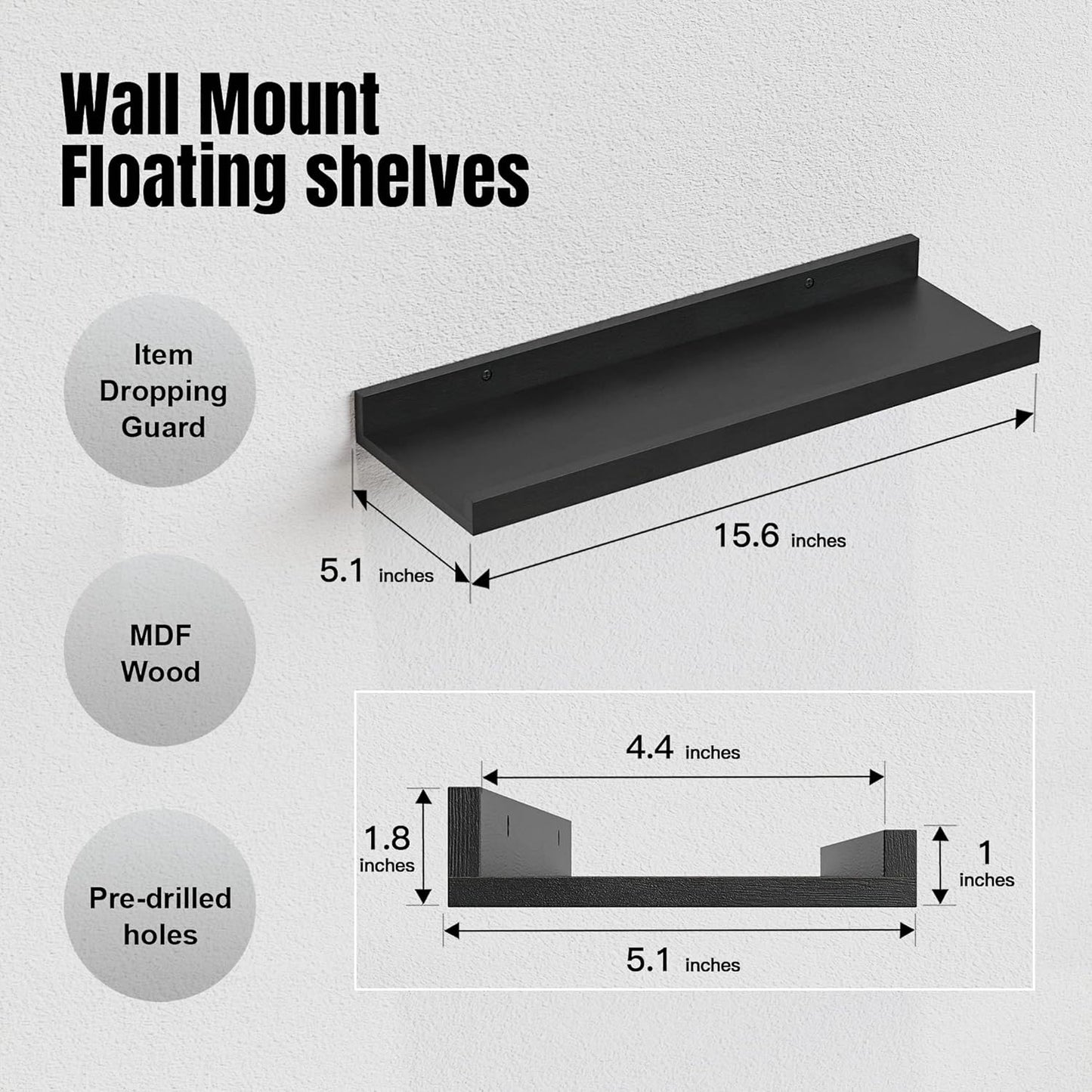RICHER HOUSE 5 Set Floating Wall Mounted Shelves, Black Shelves for Wall Decor, Modern Picture Ledge Shelf with Lip for Storage, Nursery, Bedroom, Living Room, Bathroom - Black
