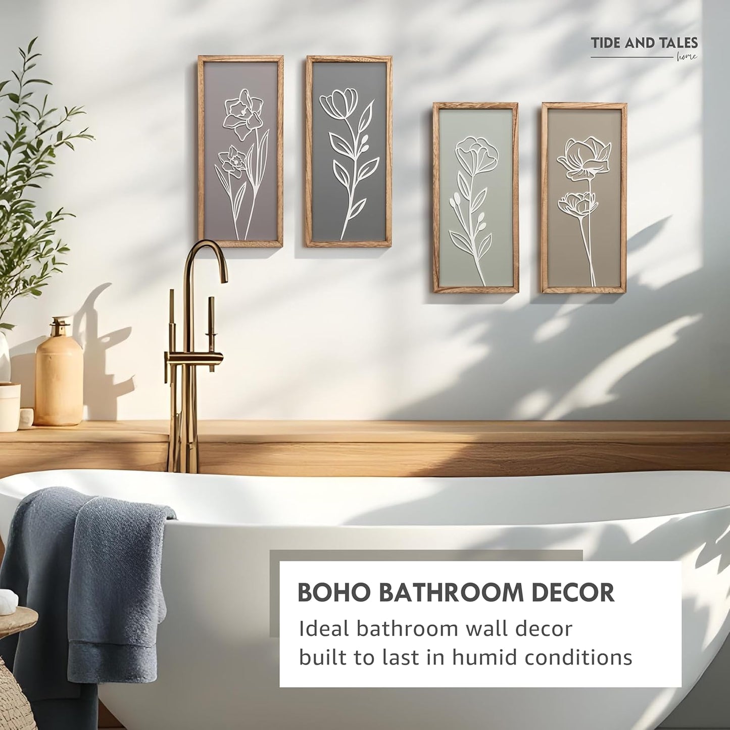 3D Wooden Floral Bathroom Wall Decor (Set of 4) Lightweight