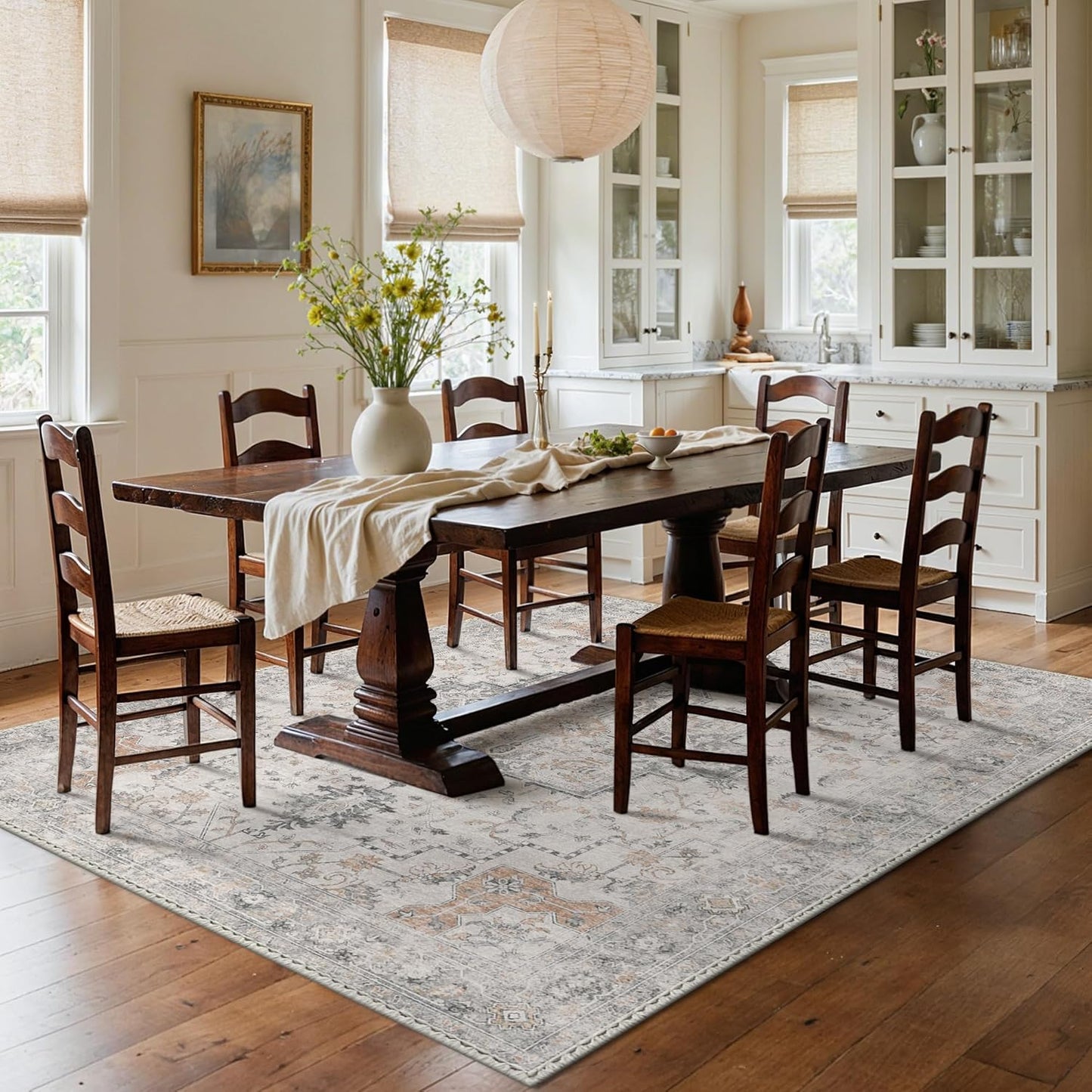 GENIMO 8X10 Area Rugs for Living Room, Machine Washable Non Slip Vintage Rugs, Low Pile Lightweight Chenille Print Rug for Bedroom, Dining Room, Home Office, Light Taupe Brown