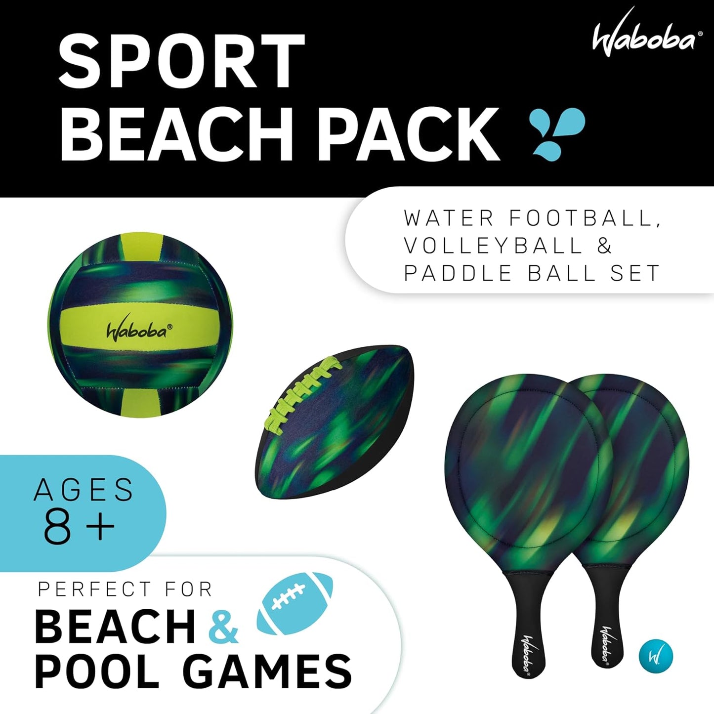 Waboba Sport Beach Pack – Includes 9 Inch Water Football, Beach Volleyball & Paddle Set – Perfect Summer Essential Bundle for Beach Games – Vacation Toys for Kids & Adults Ages 8 & up – Green