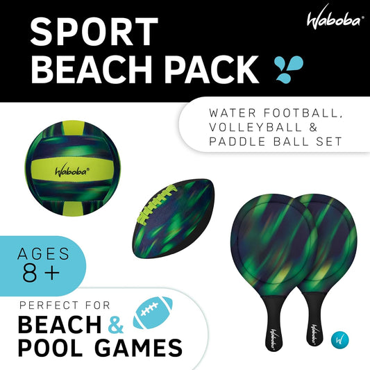 Waboba Sport Beach Pack – Includes 9 Inch Water Football, Beach Volleyball & Paddle Set – Perfect Summer Essential Bundle for Beach Games – Vacation Toys for Kids & Adults Ages 8 & up – Green