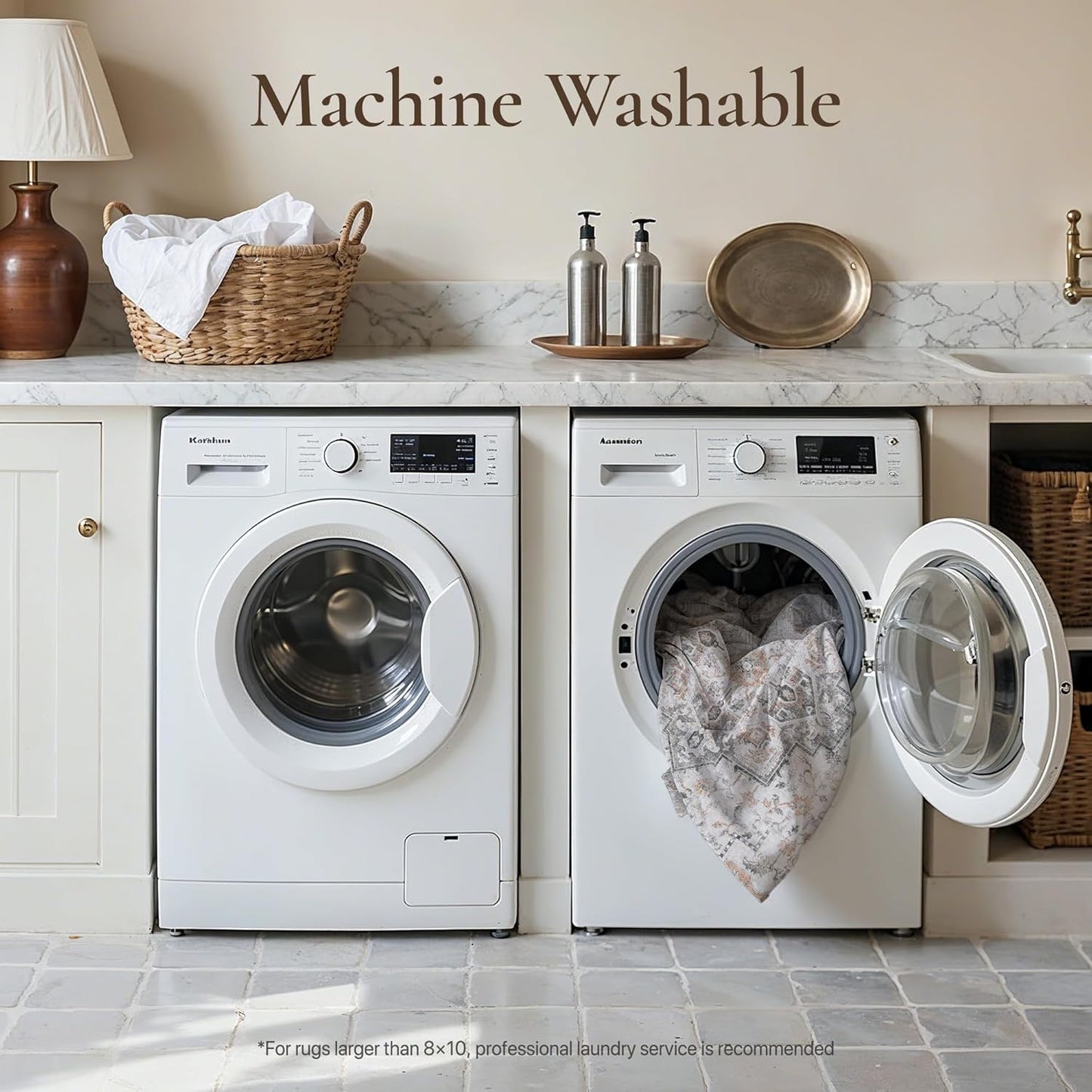 GENIMO 8X10 Area Rugs for Living Room, Machine Washable Non Slip Vintage Rugs, Low Pile Lightweight Chenille Print Rug for Bedroom, Dining Room, Home Office, Light Taupe Brown