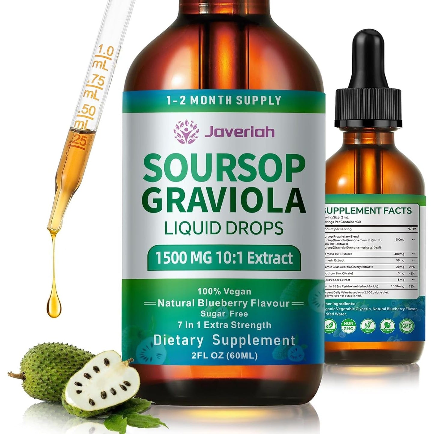 Soursop Graviola Liquid Drops Supplement with Sea Moss Extract, Soursop Bitters Liquid for Cell Support & Regeneration, Immunity, Liver, Antioxidant, Graviola Leaves Extract 2 Month Supply 60ML