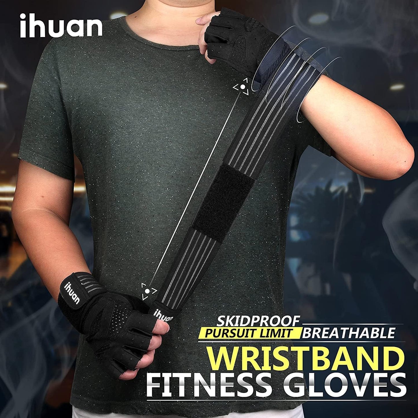 Ihuan Ventilated Weight Lifting Gym Workout Gloves with Wrist Wrap Support for Men & Women, Full Palm Protection, for Weightlifting, Training, Fitness, Hanging, Pull Ups