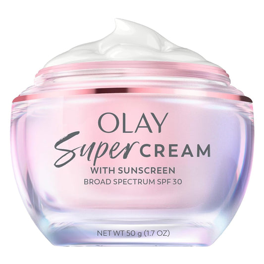 Olay Super Cream with Sunscreen SPF 30, Lightweight Face Moisturizer with Sun Protection, 5-In-1 Skin Care Benefits - Hydrating, Brightening, Firming - Niacinamide, Vitamin C, Collagen Peptide, 1.7 Oz
