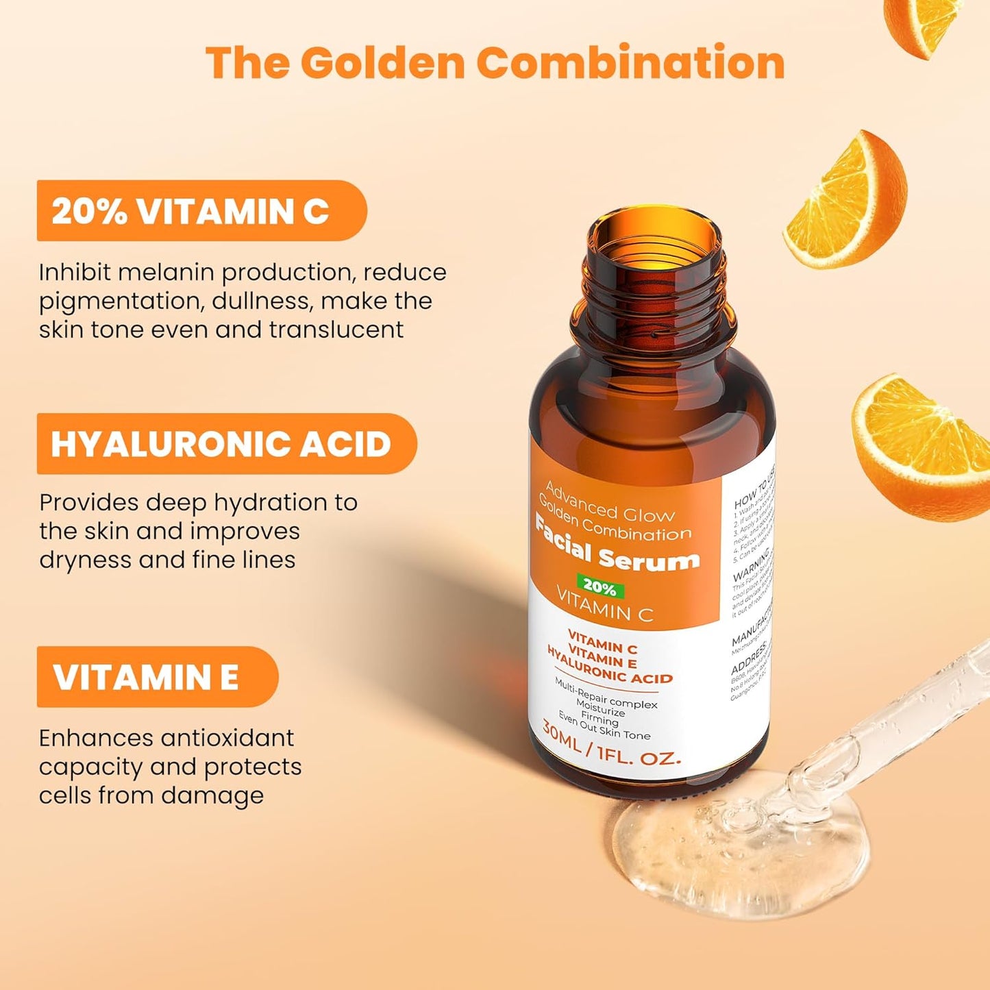 20% Vitamin C Face Serum with Golden Combination of Hyaluronic Acid and Vitamin E | Reduce Acne Spots | Even Skin Tone | Hydrating Face Serum Moisturising & Firming Skin Care | 1 Fl. Oz